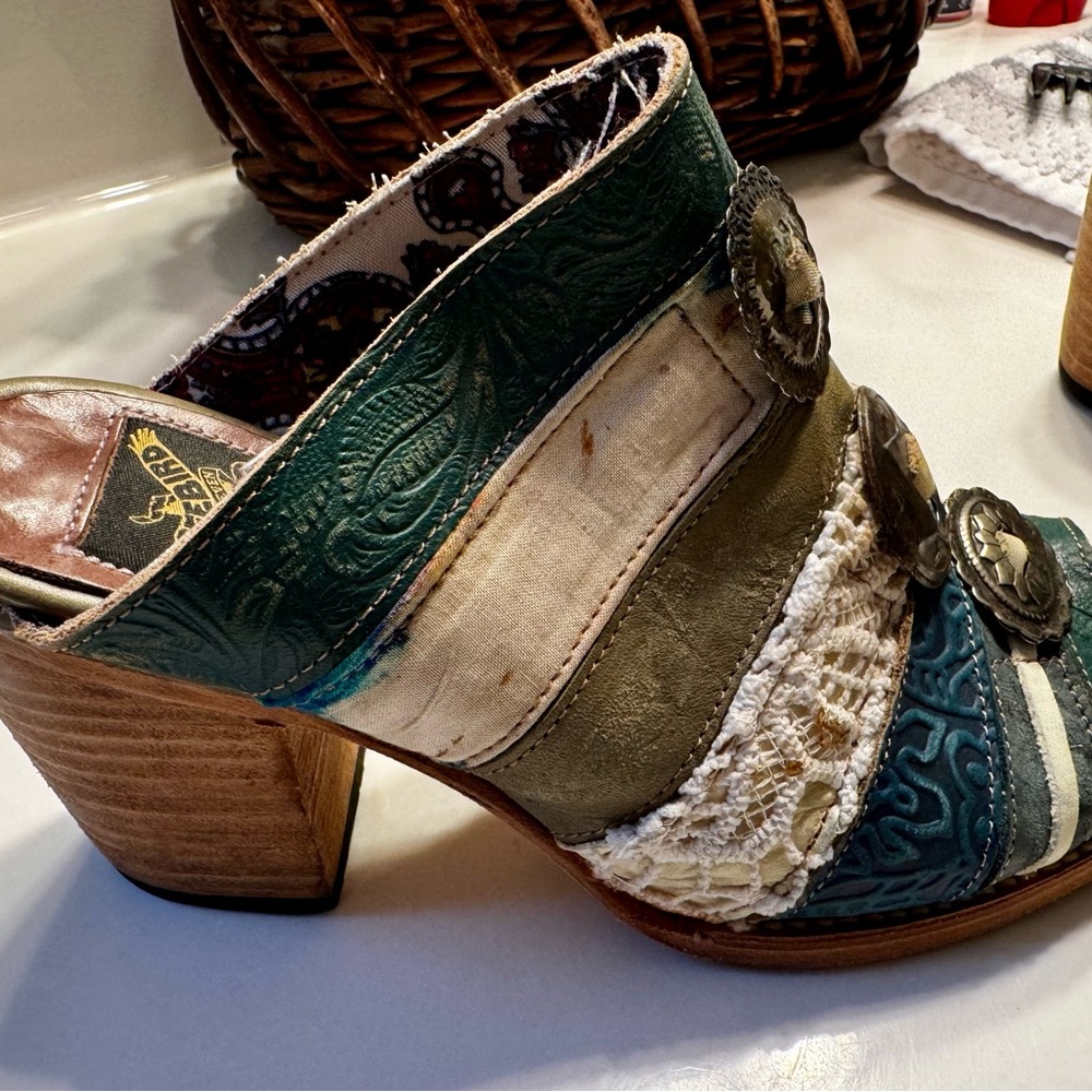 freebird Teal and Olive Embossed Leather Boho Open-Toe Mules - Picture 2 of 9